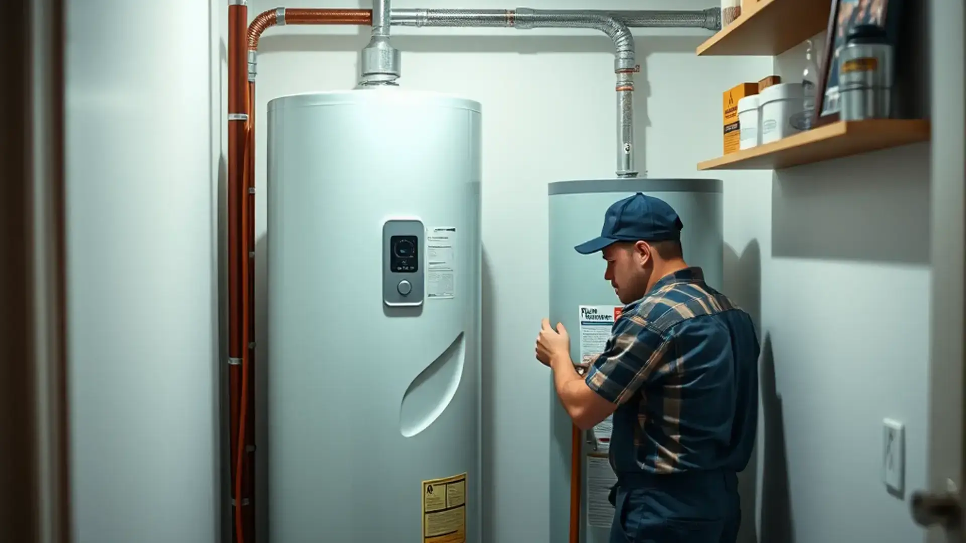 Professional plumber working on water heater